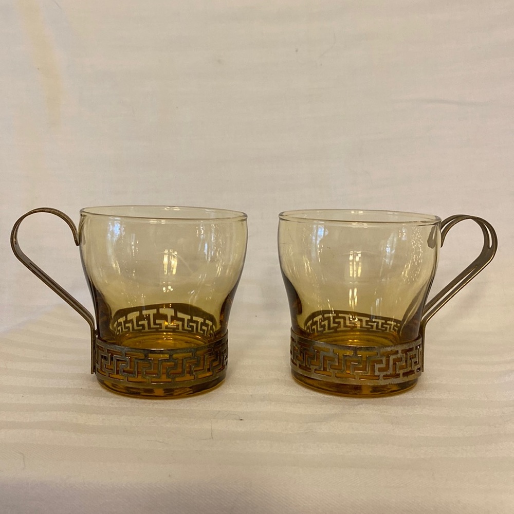 Vintage Libbey Coffee Cups with Brass-tone Metal Bands/Handles